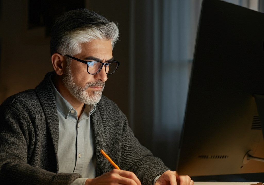 an old man staring at the screen