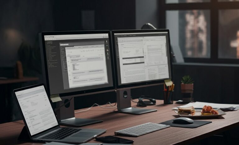 A busy desk with working tablet