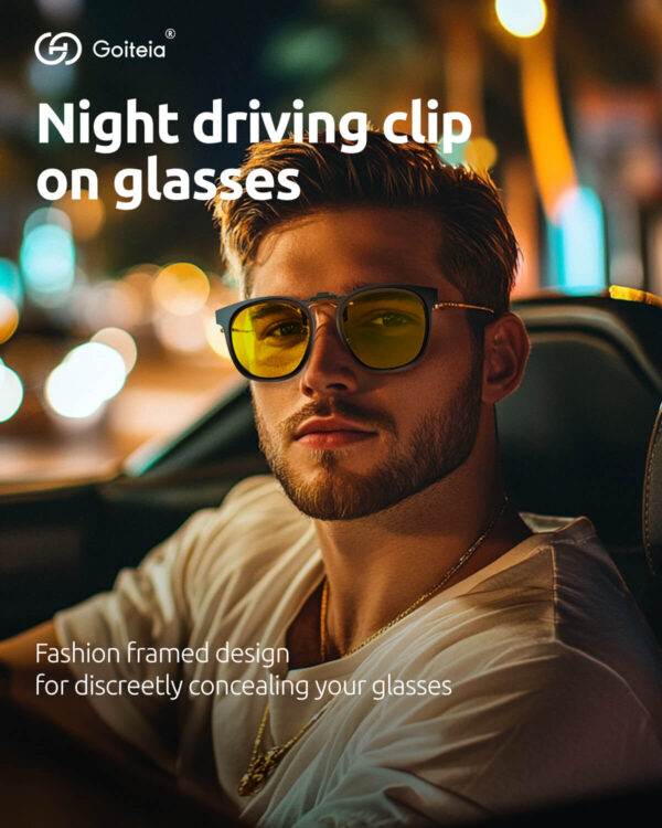 Model Displaying Black Frame Night Driving Clip on Glasses