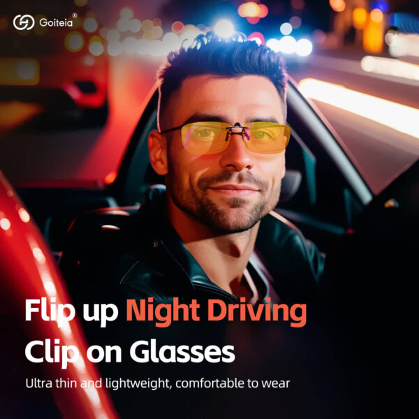 Model Displaying Photochromic Night Driving Clip on Glasses