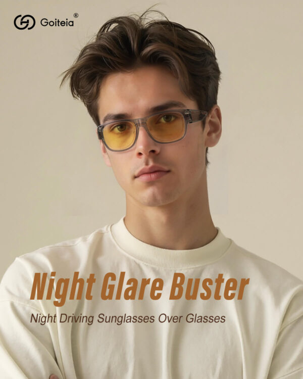 Model Displaying Grey Frame Night Driving Glasses