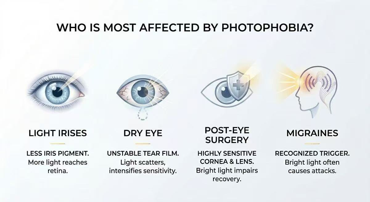 Who is most affected by photophobia?